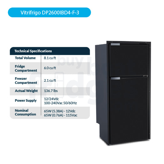 DP2600IBD4-F-3 - Vitrifrigo Front-Loading, Double Door Black Refrigerator w/Freezer Flush Flange (Internal Cooling Unit) UL