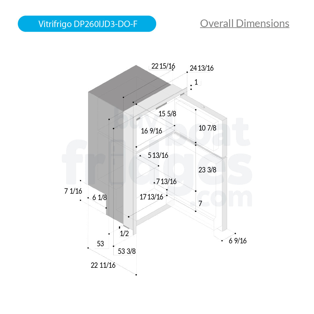 DP260IJD3-DO-F - Vitrifrigo Front-Loading, Double Door Grey Refrigerator w/Freezer Flush Flange (Internal Cooling Unit) - DC ONLY - Digital Series