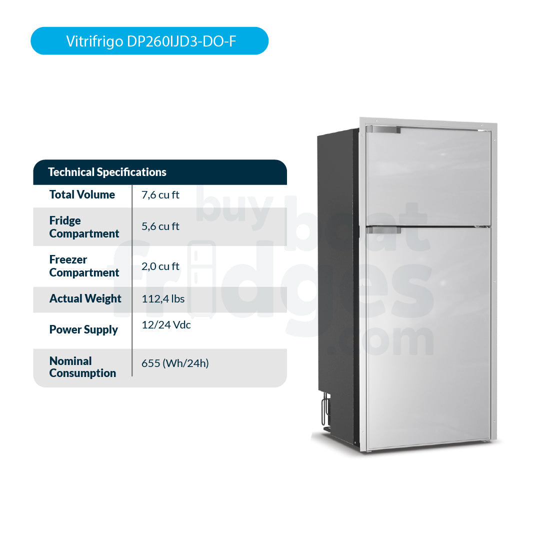 DP260IJD3-DO-F - Vitrifrigo Front-Loading, Double Door Grey Refrigerator w/Freezer Flush Flange (Internal Cooling Unit) - DC ONLY - Digital Series
